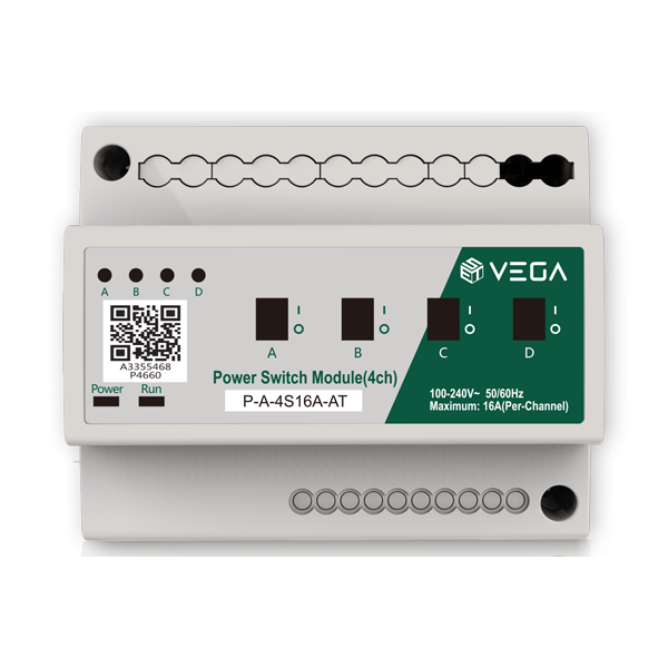 VEGA BA 4路開關執行器 BA 4路開關執行器具有繼電器通斷和繼電器狀態指示功能，採用電力線載波通信技術，作為電源控制模組的升級商品，主要應用在智慧家居系統中，實現對電燈的迴路控制。